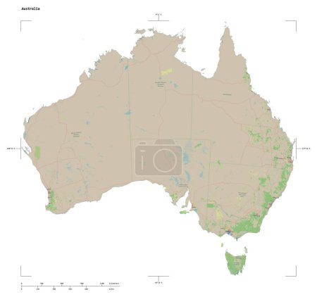 Form einer topographischen, OSM-Deutschland-artigen Australien-Karte, mit Entfernungsmaßstab und Kartenrandkoordinaten, isoliert auf weiß