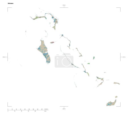 Shape of a topographic, OSM Germany style map of the Bahamas, with distance scale and map border coordinates, isolated on white