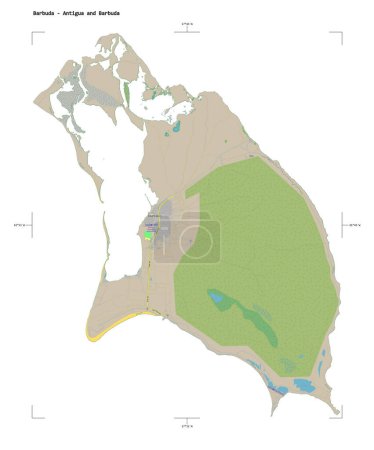 Shape of a topographic, OSM Germany style map of the Barbuda - Antigua and Barbuda, with distance scale and map border coordinates, isolated on white