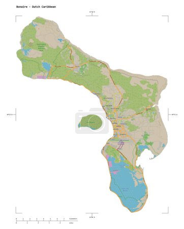 Form einer topographischen Karte im OSM-Deutschland-Stil der Bonaire - Niederländischen Karibik, mit Entfernungsmaßstab und Kartenrandkoordinaten, isoliert auf weiß