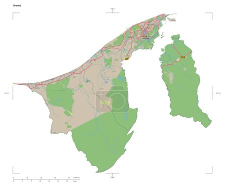 Form einer topographischen OSM-Deutschlandkarte von Brunei, mit Entfernungsmaßstab und Kartenrandkoordinaten, isoliert auf weiß