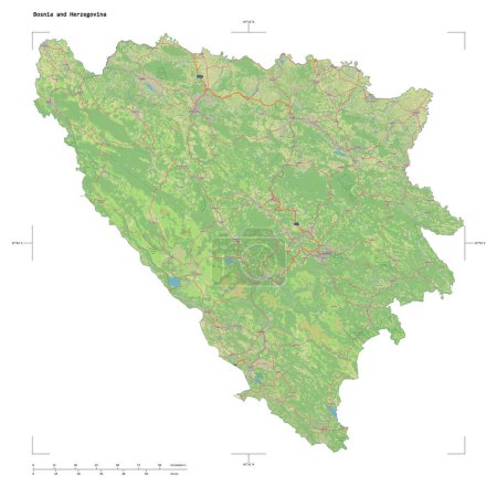 Shape of a topographic, OSM Germany style map of the Bosnia and Herzegovina, with distance scale and map border coordinates, isolated on white