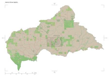 Forme d'une carte topographique de style OSM Allemagne de la République centrafricaine, avec échelle de distance et coordonnées de frontière de carte, isolée sur blanc