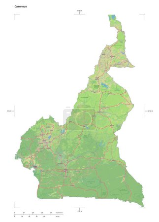 Téléchargez les photos : Forme d'une carte topographique de style OSM Allemagne du Cameroun, avec échelle de distance et coordonnées de frontière de carte, isolée sur blanc - en image libre de droit