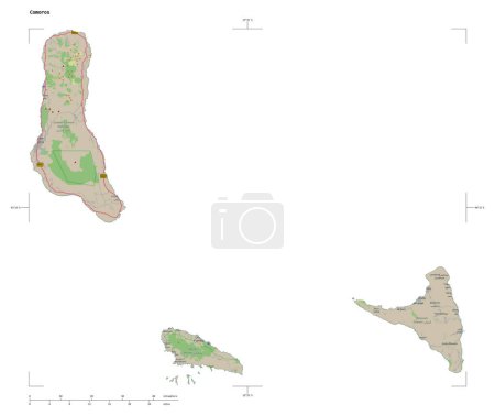 Photo for Shape of a topographic, OSM Germany style map of the Comoros, with distance scale and map border coordinates, isolated on white - Royalty Free Image