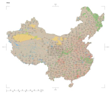Form einer topographischen Karte im OSM-Deutschland-Stil von China, mit Entfernungsmaßstab und Kartengrenzkoordinaten, isoliert auf weiß