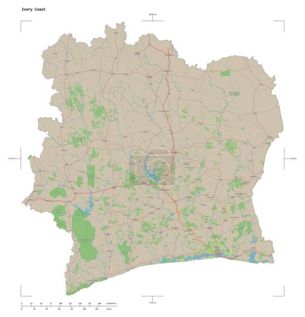 Shape of a topographic, OSM Germany style map of the Ivory Coast, with distance scale and map border coordinates, isolated on white