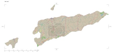 Shape of a topographic, OSM Germany style map of the Timor Leste, with distance scale and map border coordinates, isolated on white