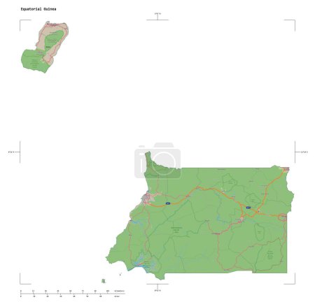 Shape of a topographic, OSM Germany style map of the Equatorial Guinea, with distance scale and map border coordinates, isolated on white