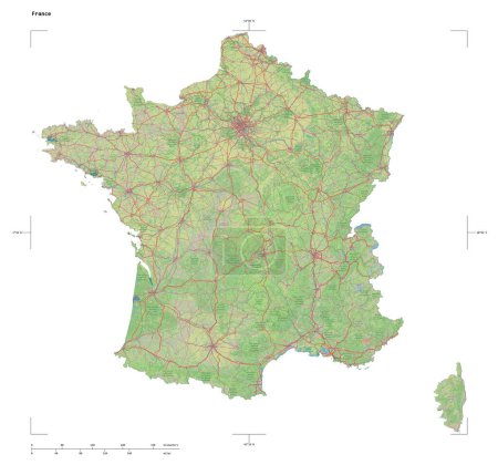 Shape of a topographic, OSM Germany style map of the France, with distance scale and map border coordinates, isolated on white