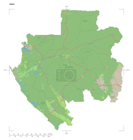 Forma de un mapa topográfico, estilo OSM Alemania del Gabón, con escala de distancia y coordenadas del borde del mapa, aislado en blanco