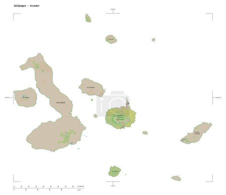 Foto de Forma de un mapa topográfico, estilo OSM Alemania de las Galápagos - Ecuador, con escala de distancia y coordenadas del borde del mapa, aislado en blanco - Imagen libre de derechos