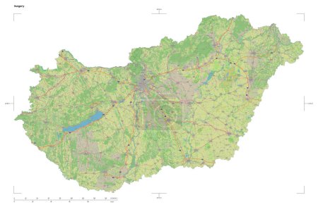 Shape of a topographic, OSM Germany style map of the Hungary, with distance scale and map border coordinates, isolated on white