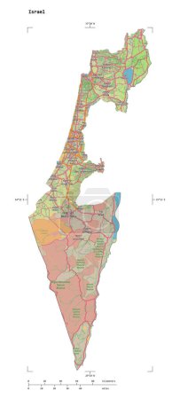 Form einer topographischen OSM-Deutschlandkarte des Staates Israel, mit Entfernungsmaßstab und Kartengrenzkoordinaten, isoliert auf weiß