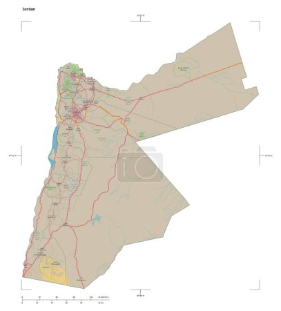 Shape of a topographic, OSM Germany style map of the Jordan, with distance scale and map border coordinates, isolated on white