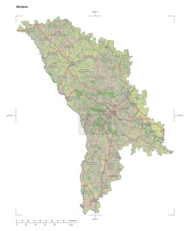 Shape of a topographic, OSM Germany style map of the Moldova, with distance scale and map border coordinates, isolated on white