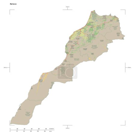 Shape of a topographic, OSM Germany style map of the Morocco, with distance scale and map border coordinates, isolated on white