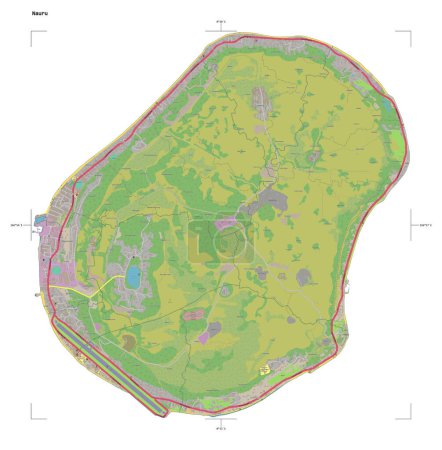 Shape of a topographic, OSM Germany style map of the Nauru, with distance scale and map border coordinates, isolated on white
