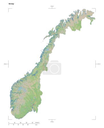 Shape of a topographic, OSM Germany style map of the Norway, with distance scale and map border coordinates, isolated on white