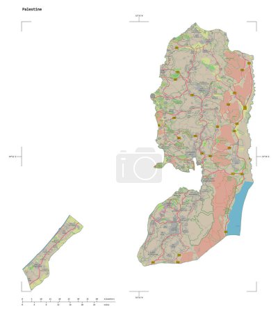 Téléchargez les photos : Forme d'une carte topographique de style OSM Allemagne de la Palestine, avec échelle de distance et coordonnées de frontière de carte, isolé sur blanc - en image libre de droit