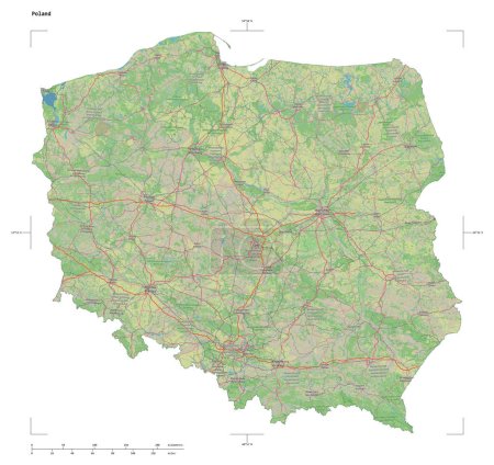 Shape of a topographic, OSM Germany style map of the Poland, with distance scale and map border coordinates, isolated on white