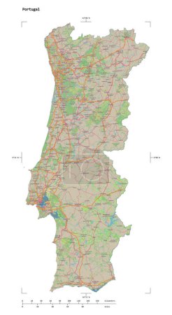 Form einer topographischen OSM-Deutschlandkarte von Portugal, mit Entfernungsmaßstab und Kartengrenzkoordinaten, isoliert auf weiß