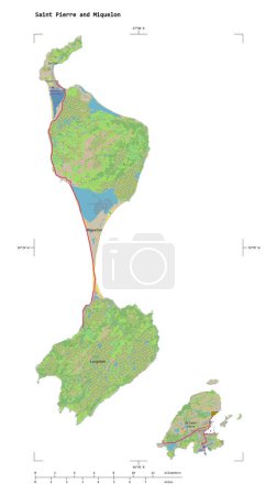 Photo for Shape of a topographic, OSM Germany style map of the Saint Pierre and Miquelon, with distance scale and map border coordinates, isolated on white - Royalty Free Image