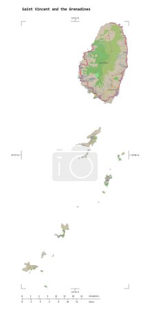Photo for Shape of a topographic, OSM Germany style map of the Saint Vincent and the Grenadines, with distance scale and map border coordinates, isolated on white - Royalty Free Image