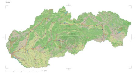 Shape of a topographic, OSM Germany style map of the Slovakia, with distance scale and map border coordinates, isolated on white