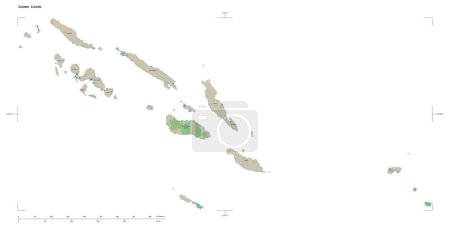 Shape of a topographic, OSM Germany style map of the Solomon Islands, with distance scale and map border coordinates, isolated on white