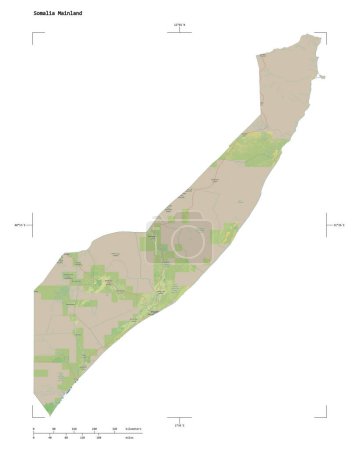 Shape of a topographic, OSM Germany style map of the Somalia Mainland, with distance scale and map border coordinates, isolated on white