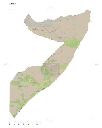 Shape of a topographic, OSM Germany style map of the Somalia, with distance scale and map border coordinates, isolated on white