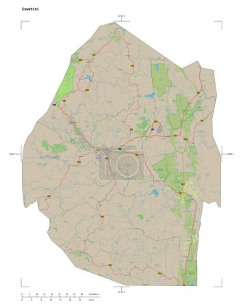 Form einer topographischen OSM-Deutschland-Karte der Swatini, mit Entfernungsskala und Kartenrandkoordinaten, isoliert auf weiß