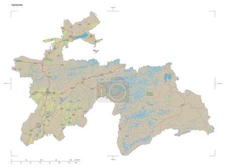 Forma de un mapa topográfico, estilo OSM Alemania del Tayikistán, con escala de distancia y coordenadas del borde del mapa, aislado en blanco