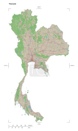 Photo for Shape of a topographic, OSM Germany style map of the Thailand, with distance scale and map border coordinates, isolated on white - Royalty Free Image