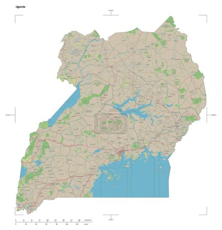 Shape of a topographic, OSM Germany style map of the Uganda, with distance scale and map border coordinates, isolated on white
