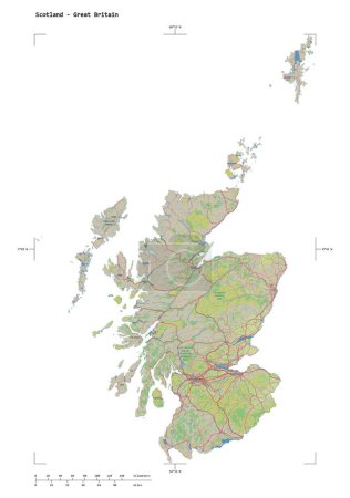 Shape of a topographic, OSM Germany style map of the Scotland - Great Britain, with distance scale and map border coordinates, isolated on white