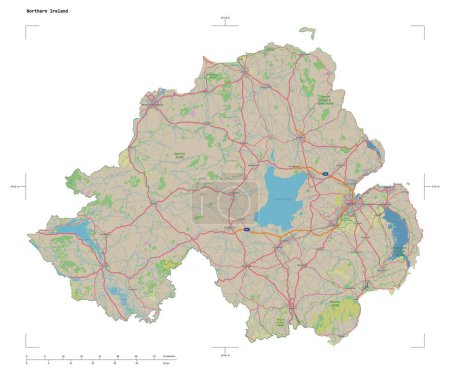 Shape of a topographic, OSM Germany style map of the Northern Ireland, with distance scale and map border coordinates, isolated on white