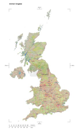Forma de un mapa topográfico, estilo OSM Alemania del Reino Unido, con escala de distancia y coordenadas del borde del mapa, aislado en blanco