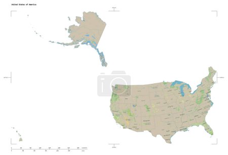 Shape of a topographic, OSM Germany style map of the United States of America, with distance scale and map border coordinates, isolated on white