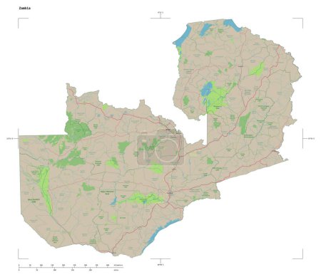Forme d'une carte topographique de style OSM Allemagne de la Zambie, avec échelle de distance et coordonnées de frontière de carte, isolé sur blanc