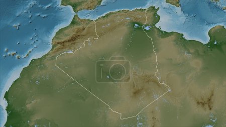 Algeria outlined on a Pale colored elevation map with lakes and rivers