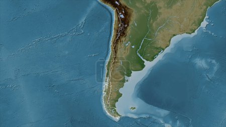 Chili tracé sur une carte d'altitude de couleur pâle avec lacs et rivières