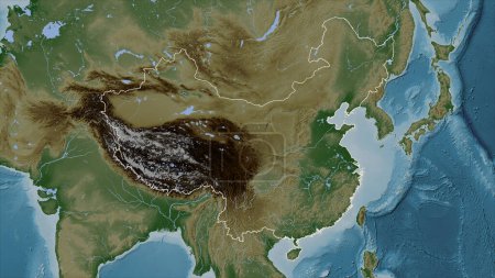 China outlined on a Pale colored elevation map with lakes and rivers