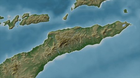 Timor Leste outlined on a Pale colored elevation map with lakes and rivers
