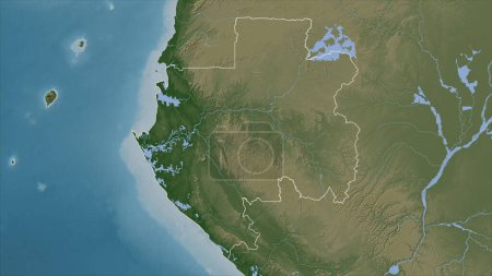 Gabón delineado en un mapa de elevación de color pálido con lagos y ríos