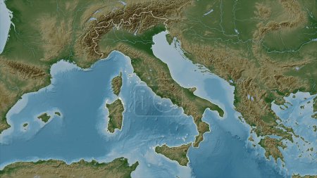 Italia delineada en un mapa de elevación de color pálido con lagos y ríos