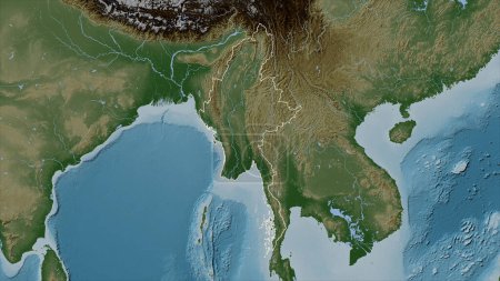 Myanmar outlined on a Pale colored elevation map with lakes and rivers