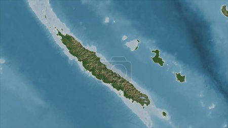 Téléchargez les photos : Nouvelle-Calédonie tracée sur une carte d'altitude de couleur pâle avec lacs et rivières - en image libre de droit