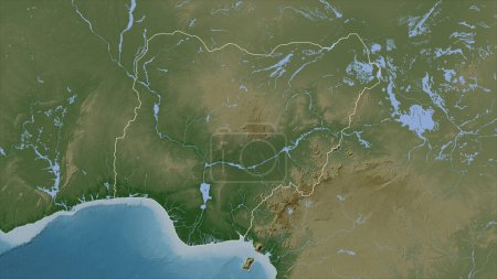 Nigeria outlined on a Pale colored elevation map with lakes and rivers